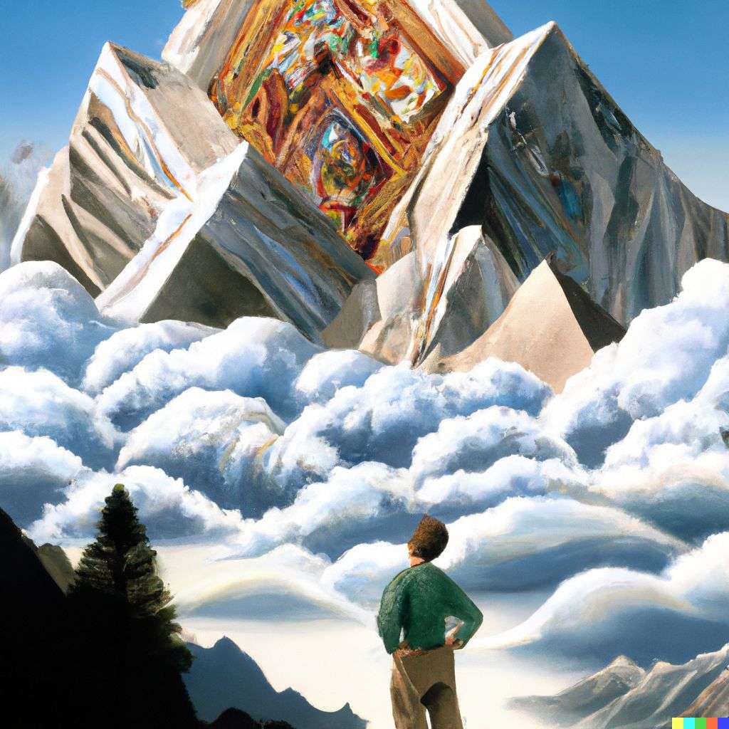 someone gazing at Mount Everest, by Jacek Yerka